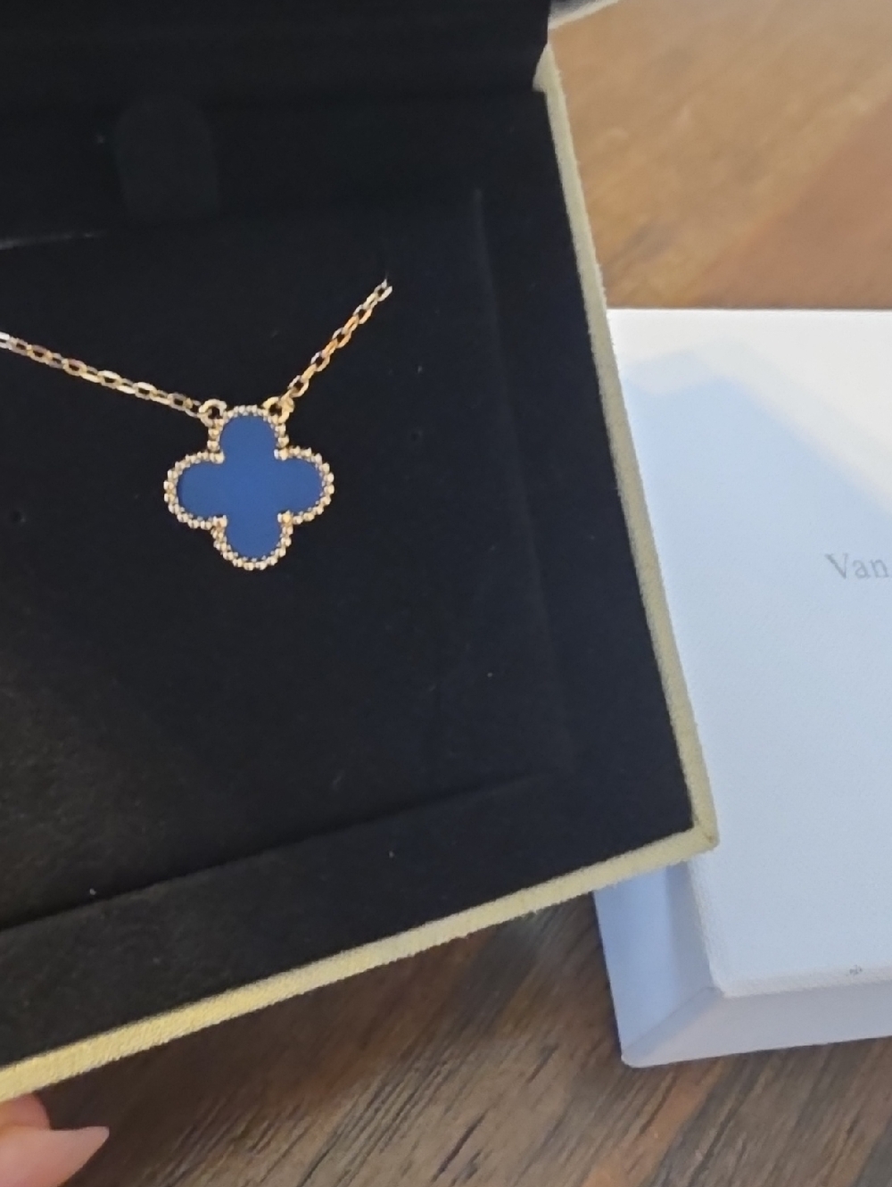 Gold Clover Pendant Necklace with Blue Enamel